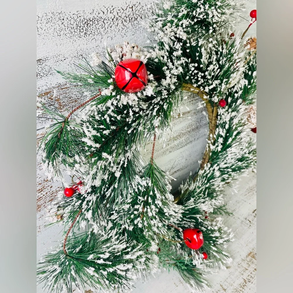 Snowy Pine w/Red Bells & Berries Wreath